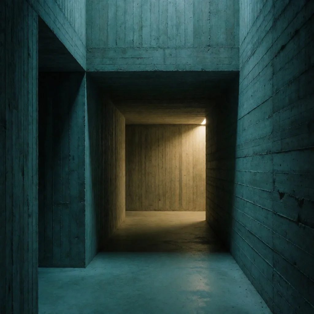 Betonarme koridor iç mekan, brutalist mimari